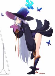 Rule 34 | 1girl, black dress, black hat, blue eyes, blue ribbon, blush, boots, breasts, bug, butterfly, coffeekite, dress, fate/extra, fate/extra ccc, fate/grand order, fate (series), hair ribbon, hat, highres, insect, knee boots, long hair, long sleeves, meltryllis (fate), puffy sleeves, purple hair, ribbon, sleeves past fingers, sleeves past wrists, small breasts, very long hair