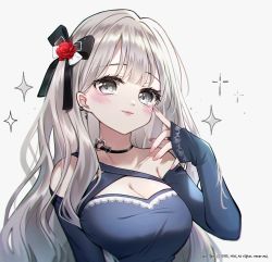 Rule 34 | 1girl, black bow, blue dress, blue sleeves, blush, bow, breasts, cleavage, closed mouth, collarbone, commission, danby merong, detached sleeves, dress, flower, grey background, grey eyes, grey hair, hair bow, hair flower, hair ornament, hand up, highres, long hair, long sleeves, medium breasts, original, red flower, red rose, rose, simple background, single strap, sleeves past wrists, smile, solo, sparkle, upper body