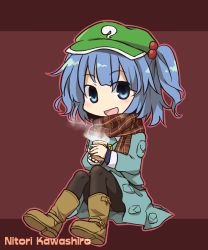 Rule 34 | 1girl, black pantyhose, blue eyes, blue hair, boots, character name, cup, female focus, hair bobbles, hair ornament, hat, highres, kawashiro nitori, matching hair/eyes, open mouth, panties, panties under pantyhose, pantyhose, pantyshot, scarf, shirt, sitting, skirt, skirt set, smile, solo, steam, teacup, touhou, twintails, two side up, underwear, upskirt, yamabuki (yusuraume)