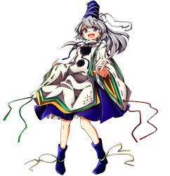 Rule 34 | &gt;:d, 1girl, :d, absurdres, baba (baba seimaijo), blue eyes, blue footwear, blue skirt, foreshortening, full body, hat, highres, japanese clothes, kariginu, long sleeves, looking at viewer, mononobe no futo, open mouth, pointing, pointing at viewer, pom pom (clothes), ponytail, ribbon-trimmed sleeves, ribbon trim, shoes, silver hair, skirt, smile, solo, tate eboshi, touhou, transparent background, v-shaped eyebrows, white background, wide sleeves