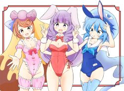 Rule 34 | 3girls, animal ear headwear, animal ears, blue hair, blue neckerchief, blue one-piece swimsuit, bow, bowtie, breasts, brown hair, candy lapin (show by rock!!), chuchu (show by rock!!), cleavage, collarbone, corriente (show by rock!!), covered navel, detached collar, fake animal ears, highres, leotard, medium breasts, multiple girls, name tag, neckerchief, old school swimsuit, one-piece swimsuit, pink leotard, playboy bunny, purple hair, rabbit girl, red bow, red leotard, riruru system, school swimsuit, show by rock!!, small breasts, swimsuit