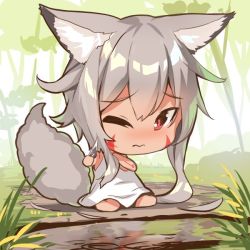 Rule 34 | 1girl, animal ear fluff, animal ears, bare arms, bare shoulders, barefoot, blush, chibi, closed mouth, commentary request, cutting hair, day, dress, facial mark, fox ears, fox girl, fox tail, full body, grey hair, hair between eyes, holding, long hair, nose blush, on ground, one eye closed, original, outdoors, red eyes, reflection, sitting, sleeveless, sleeveless dress, solo, tail, very long hair, wariza, water, wavy mouth, white dress, yuuji (yukimimi)