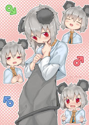 Rule 34 | 1boy, :d, animal ears, blush, capelet, closed eyes, commentary request, cookie (touhou), cowboy shot, dorasiro (cookie), dress, grey dress, grey hair, hair between eyes, highres, long sleeves, looking at viewer, male focus, man (man-room), mars symbol, mouse boy, mouse ears, mouse tail, nazrin, open mouth, pink background, red eyes, shirt, short hair, smile, tail, touhou, trap, white capelet, white shirt