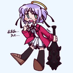 Rule 34 | 1girl, angel, blush, bokusatsu tenshi dokuro-chan, club, club (weapon), commentary, english commentary, full body, green eyes, halo, highres, holding, holding weapon, index finger raised, jacket, looking at viewer, mitsukai dokuro, open clothes, open jacket, open mouth, purple hair, red jacket, ribbon, sherbovania, signature, simple background, smile, solo, spiked club, weapon, white background