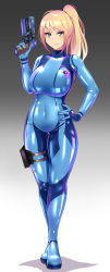 Rule 34 | 1girl, absurdres, blonde hair, blue bodysuit, blue eyes, bodysuit, breasts, covered navel, directed-energy weapon, energy gun, energy weapon, full body, glowing, glowing gun, glowing weapon, gun, handgun, highres, ibusuki, large breasts, latex, latex bodysuit, long hair, metroid, mole, mole under mouth, nintendo, paralyzer, pistol, ponytail, samus aran, skin tight, smile, solo, standing, thigh strap, weapon, zero suit