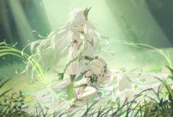 Rule 34 | 2girls, absurdres, bracelet, braid, bum hico, closed eyes, closed mouth, commentary request, detached sleeves, dress, eyelashes, falling leaves, genshin impact, green theme, hair between eyes, highres, jewelry, lap pillow, leaf, long hair, long sleeves, looking at viewer, multiple girls, nahida (genshin impact), no shoes, open mouth, pointy ears, puffy long sleeves, puffy sleeves, rukkhadevata (genshin impact), see-through, see-through sleeves, single braid, sleeveless, sleeveless dress, spoilers, stirrup legwear, symbol-shaped pupils, toeless footwear, toeless legwear, white dress, white footwear, white hair