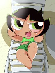 Rule 34 | 1girl, bare arms, bare shoulders, black hair, bow, bra, buttercup (ppg), flat chest, green bra, green eyes, green hair, green shorts, highres, looking away, lying, on back, open mouth, plar0846, powerpuff girls, shoes, shorts, solo, sports bra, tan, thighs, underwear