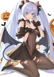 Rule 34 | 1girl, absurdres, animal ears, aqua eyes, azur lane, bat wings, black choker, black dress, black footwear, black thighhighs, blue eyes, blue hair, blush, breasts, cat ears, choker, covered navel, demon tail, dress, fake animal ears, frills, hair over one eye, halloween costume, hands up, high heels, highres, janus (azur lane), janus (fright-night scaredy-cat) (azur lane), light blue hair, long hair, official alternate costume, pumpkin, scrunchie, see-through, simple background, small breasts, solo, tail, thighhighs, torn clothes, torn thighhighs, twintails, user uhnn3752, very long hair, white background, wings