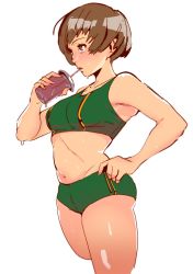 Rule 34 | absurdres, armpits, ass, aunna66, breasts, cleft of venus, drinking, highres, persona, persona 4, satonaka chie, shorts, sports bra, sweat