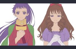Rule 34 | 2girls, anrietta rochefort, arc the lad, arc the lad iii, breasts, brown hair, closed mouth, curly hair, earrings, gloves, highres, iro saki, jewelry, kukuru (arc the lad), letterboxed, long hair, looking at viewer, medium breasts, multiple girls, ponytail, purple eyes, purple hair, simple background, small breasts, white background