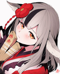 Rule 34 | 1girl, animal ears, black hair, closed mouth, commentary request, fire emblem, fire emblem fates, fire emblem heroes, grey hair, hagoita, highres, japanese clothes, kimono, long hair, looking at viewer, multicolored hair, nakabayashi zun, nintendo, official alternate costume, orange eyes, orange hair, paddle, red kimono, simple background, solo, streaked hair, upper body, velouria (fire emblem), velouria (new year) (fire emblem), white background, wolf ears, wolf girl