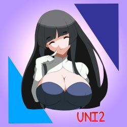 Rule 34 | 1girl, absurdres, black hair, blunt bangs, breasts, cleavage, closed eyes, closed mouth, commentary, copyright name, cropped torso, english commentary, eyelashes, foxander, gloves, highres, kaguya jingu, large breasts, long hair, purple background, smile, solo, under night in-birth, under night in-birth 2 sys:celes, white gloves