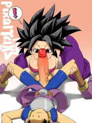Rule 34 | !, 1boy, 1girl, artist name, bare shoulders, black eyes, black hair, bodysuit, breasts, cabba, caulifla, dragon ball, dragon ball super, erection, hetero, highres, huge penis, kneeling, large breasts, matching hair/eyes, penis, penis covering mouth, pixaltrix, spiked hair, testicles, two-tone background, uncensored, white background