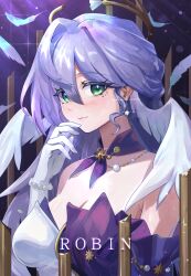 Rule 34 | 1girl, absurdres, aqua eyes, bare shoulders, bracelet, breasts, character name, cleavage, closed mouth, dalcom, detached sleeves, dress, earrings, facial mark, falling feathers, feathers, gloves, hair between eyes, halo, hand up, head wings, highres, honkai: star rail, honkai (series), jewelry, large breasts, long hair, looking at viewer, medium breasts, purple dress, purple hair, robin (honkai: star rail), short sleeves, smile, solo, two-tone dress, upper body, white dress, white feathers, white gloves, white wings, wings