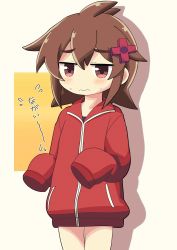 Rule 34 | 1girl, black shirt, blush, brown eyes, brown hair, closed mouth, collarbone, commentary request, dokuta, hair between eyes, hair ornament, highres, jacket, long sleeves, original, red jacket, shadow, shirt, sleeves past fingers, sleeves past wrists, solo, thick eyebrows, track jacket, translation request, wavy mouth