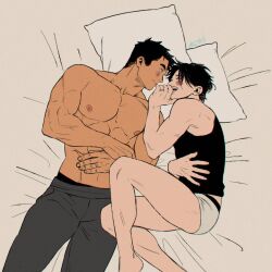 Rule 34 | 2boys, abs, bara, bed, black hair, black tank top, blush, closed eyes, couple, grey pants, jewelry, kashikahaya, large pectorals, looking at another, lying, male focus, male underwear, multiple boys, muscular, muscular male, nipples, on back, on bed, on side, open mouth, original, pants, pectorals, ring, short hair, smile, tank top, topless male, underwear, white male underwear, yaoi