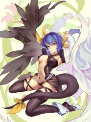 Rule 34 | 1girl, absurdres, armpits, arms up, asymmetrical wings, atorosu, blue hair, choker, dizzy (guilty gear), guilty gear, guilty gear x, guilty gear xx, hair ribbon, highres, long hair, midriff, navel, necro (guilty gear), red eyes, ribbon, sitting, smile, solo, tail, thighhighs, undine (guilty gear), wariza, wings, zettai ryouiki