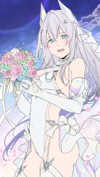 Rule 34 | 1girl, bad id, bad pixiv id, bare shoulders, blue eyes, blue flower, bouquet, breasts, dore (gilles dore), elbow gloves, flower, garter straps, gloves, grey hair, groin, hair between eyes, headgear, highres, holding, holding bouquet, leotard, long hair, looking at viewer, medium breasts, open mouth, original, pink flower, pink rose, rose, see-through, sideboob, solo, standing, thighhighs, very long hair, white gloves, white leotard, white thighhighs