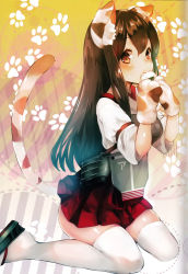 Rule 34 | 1girl, akagi (kancolle), animal ears, animal hands, breasts, brown eyes, brown hair, cat ears, cat tail, eating, flight deck, food, gloves, hair between eyes, highres, japanese clothes, kantai collection, large breasts, long hair, looking at viewer, muneate, partially fingerless gloves, partly fingerless gloves, paw gloves, rice, scan, sitting, solo, straight hair, suzuho hotaru, tail, wariza, white legwear, yugake