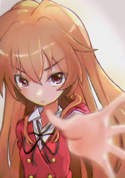 Rule 34 | 1girl, absurdres, aisaka taiga, bad id, bad pixiv id, black ribbon, blazer, blurry, blurry foreground, breasts, brown eyes, brown hair, closed mouth, collared shirt, commentary request, eyebrows hidden by hair, grey background, hair between eyes, highres, jacket, kohakuirosuki, light blush, long hair, long sleeves, looking at viewer, neck ribbon, oohashi high school uniform, outstretched hand, partial commentary, reaching, reaching towards viewer, red jacket, ribbon, school uniform, shirt, small breasts, solo, toradora!, upper body, v-shaped eyebrows, white shirt