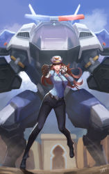 Rule 34 | 1girl, absurdres, aiming, aiming at viewer, blouse, blue necktie, blue shirt, breast pocket, breasts, brown eyes, brown hair, collared shirt, d.va (overwatch), facial mark, full body, gun, handgun, highres, long hair, looking at viewer, mecha, meka (overwatch), necktie, officer d.va, official alternate costume, one eye closed, outdoors, overwatch, overwatch 1, pistol, pocket, police, police uniform, ranhao2181547, robot, shirt, solo, standing, standing on one leg, striped necktie, tie clip, uniform, weapon, whisker markings