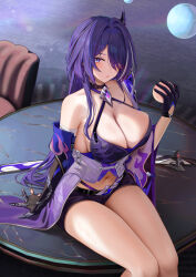 Rule 34 | 1girl, acheron (honkai: star rail), asymmetrical gloves, black gloves, blue eyes, blush, breasts, cleavage, collarbone, gloves, hair ornament, hair over one eye, hand up, highres, holding, honkai: star rail, honkai (series), katana, large breasts, long hair, looking at viewer, micro shorts, mismatched gloves, navel, parted lips, purple shorts, ru zhai, shorts, single bare shoulder, sitting, sitting on table, solo, sword, table, thighs, weapon