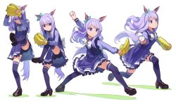 Rule 34 | 1girl, animal ears, arms up, ball, baseball, baseball glove, bike shorts, bow, bowtie, brown footwear, closed mouth, ear bow, high heels, highres, holding, holding ball, horse ears, horse girl, horse tail, leg up, long hair, long sleeves, mejiro mcqueen (umamusume), motion blur, multiple views, nishiki kazue, outstretched arms, parted lips, pitching, purple eyes, purple shirt, purple skirt, purple thighhighs, sequential, shaded face, shirt, skirt, standing, standing on one leg, tail, thighhighs, umamusume, v-shaped eyebrows, white background, white bow, white bowtie