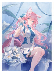 Rule 34 | 1girl, animal ear fluff, animal ears, arknights, blue dress, blue eyes, border, breasts, cat ears, cat girl, cat tail, clothing cutout, column, commentary, dress, feet out of frame, flower, hair flower, hair ornament, hand up, heidi (a thousand correspondences) (arknights), heidi (arknights), highres, juweibingbang, large breasts, long hair, looking at viewer, official alternate costume, open mouth, pillar, pink hair, plant, shoulder cutout, sideboob, sitting, solo, tail, two-tone dress, very long hair, white border, white dress, white flower