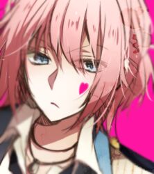 Rule 34 | 1boy, androgynous, azkmggsr, black shirt, blue eyes, closed mouth, collared shirt, dynamic chord, frown, heart on cheek, jewelry, male focus, momose tsumugi, multicolored shirt, necklace, pink background, pink hair, shirt, short hair, solo, white shirt
