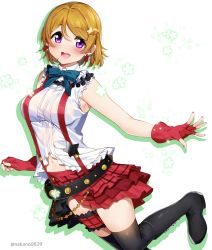 Rule 34 | 1girl, black footwear, bokura wa ima no naka de, boots, bow, bowtie, breasts, earrings, fingerless gloves, gloves, green bow, green bowtie, hair between eyes, hair ornament, heart, heart earrings, highres, jewelry, koizumi hanayo, looking at viewer, love live!, love live! school idol project, medium breasts, nakano maru, navel, open mouth, purple eyes, red gloves, red skirt, simple background, skirt, smile, solo, star (symbol), star hair ornament, twitter username, white background