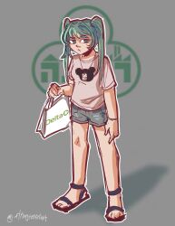 1girl bag bracelet closed_mouth delta_galil dog_tags flyingferretart frown green_eyes green_hair grey_background hatsune_miku hebrew_commentary highres holding holding_bag israel jewelry sandals shirt shorts simple_background solo standing twintails vocaloid worldwide_miku