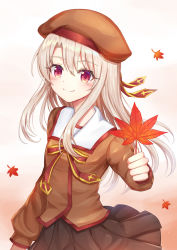 Rule 34 | 1girl, bad id, bad pixiv id, beret, blush, bow, brown hat, brown shirt, brown skirt, closed mouth, commentary request, fate/kaleid liner prisma illya, fate (series), hair between eyes, hat, highres, holding, holding leaf, homurahara academy school uniform, illyasviel von einzbern, leaf, light brown hair, long hair, long sleeves, maple leaf, pleated skirt, red bow, red eyes, school uniform, seungju lee, shirt, skirt, smile, solo, striped, striped bow, very long hair