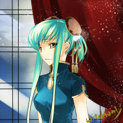 Rule 34 | 1girl, bun cover, c.c., china dress, chinese clothes, code geass, double bun, dress, female focus, green hair, indoors, long hair, night, solo, window, witchonly, yellow eyes