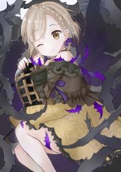 Rule 34 | 1girl, braid, briar rose (sinoalice), brown hair, brown shirt, commentary request, doko ka no hosono, feet out of frame, frilled skirt, frills, hair ribbon, highres, holding, looking at viewer, off shoulder, one eye closed, open mouth, platinum blonde hair, purple ribbon, ribbon, shirt, short hair, sinoalice, skirt, solo, thorns, yellow skirt