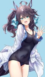 Rule 34 | 1girl, ahoge, animal ears, black hair, blue background, blue eyes, blush, breasts, collarbone, commentary request, covered navel, daring tact (umamusume), hair ornament, highres, horse ears, horse girl, jacket, long hair, looking at viewer, mamezou (tzakki023), medium breasts, open mouth, simple background, solo, swimsuit, tail, umamusume