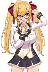 Rule 34 | 1girl, absurdres, ahoge, black-framed eyewear, blonde hair, blush, bow, breasts, choco tanuki, double v, fang, glasses, hair bow, highres, large breasts, long hair, long sleeves, looking at viewer, nijisanji, open mouth, red bow, skin fang, smile, solo, takamiya rion, takamiya rion (1st costume), twintails, v, virtual youtuber