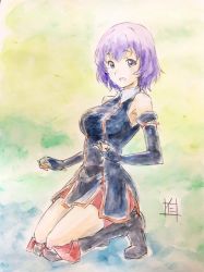 Rule 34 | 10s, 1girl, :d, bad id, bad pixiv id, black gloves, black legwear, blush, boots, breasts, collar, dress, elbow gloves, gloves, hai to gensou no grimgar, looking at viewer, multicolored background, nii manabu, open mouth, purple eyes, purple hair, seiza, shihoru (grimgar), short hair, signature, sitting, smile, solo, thighs, traditional media, watercolor pencil (medium)