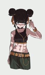 Rule 34 | 1girl, arm at side, bare shoulders, belt, black hair, black tank top, blue eyes, breasts, cable, choker, closed mouth, crop top, double bun, earphones, gaako illust, green pants, hair bun, hair ribbon, hand up, highres, midriff, orange ribbon, original, pants, ribbon, sideways glance, simple background, sleeveless, smile, solo, tank top, toned, updo, white background, wristband
