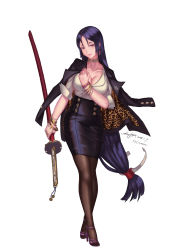 Rule 34 | 1girl, black hair, bracelet, breasts, choker, earrings, edenfox, fate/grand order, fate (series), full body, highres, holding, holding sword, holding weapon, jewelry, katana, large breasts, long hair, looking at viewer, low-tied long hair, minamoto no raikou (fate), pantyhose, purple eyes, simple background, solo, standing, sword, weapon