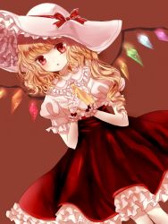 Rule 34 | 1girl, :o, ascot, blonde hair, blush, demon wings, flandre scarlet, frilled hat, frilled skirt, frills, gloves, hat, hat ribbon, looking at viewer, own hands clasped, own hands together, petticoat, puffy short sleeves, puffy sleeves, red eyes, red ribbon, red skirt, ribbon, short sleeves, side ponytail, skirt, solo, sun hat, touhou, white gloves, wings, yuki 201