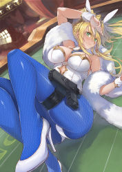 Rule 34 | 1girl, animal ears, arm up, artoria pendragon (all), artoria pendragon (fate), artoria pendragon (swimsuit ruler) (fate), ass, bare shoulders, blonde hair, blue neckwear, blue pantyhose, blush, braid, breasts, casino card table, cleavage, clothing cutout, detached collar, fake animal ears, fate/grand order, fate (series), feather boa, fishnet pantyhose, fishnets, french braid, green eyes, gun, hair between eyes, highleg, highleg leotard, highres, holster, large breasts, legs, leotard, long hair, looking at viewer, navel cutout, pantyhose, playboy bunny, rabbit ears, solo, srsojiro, table, thigh strap, thighs, weapon, white leotard, wrist cuffs