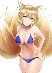 Rule 34 | 1girl, animal ear fluff, animal ears, bare arms, bare shoulders, bikini, blonde hair, blue bikini, blue nails, breasts, cameltoe, commentary request, cowboy shot, fox ears, fox tail, front-tie bikini top, front-tie top, groin, hair between eyes, halterneck, head tilt, highres, large breasts, looking to the side, multiple tails, nail polish, navel, no headwear, short hair, simple background, solo, standing, stomach, swimsuit, tail, thighs, touhou, white background, y2, yakumo ran, yellow eyes