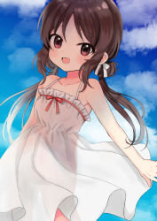 Rule 34 | 1girl, alternate hairstyle, bare shoulders, blue sky, blush, bow, breasts, brown eyes, brown hair, cloud, collarbone, day, dot nose, dress, hair bow, hair ribbon, highres, idolmaster, idolmaster cinderella girls, idolmaster cinderella girls starlight stage, long hair, looking at viewer, low twintails, open mouth, red bow, ribbon, see-through silhouette, shima(kanidess), sky, sleeveless, sleeveless dress, small breasts, solo, tachibana arisu, twintails, white dress, white ribbon