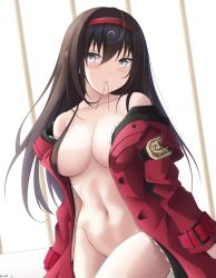 Rule 34 | 1girl, artist name, bare shoulders, black hair, breasts, closed mouth, collarbone, commentary request, death end re;quest 2, grey eyes, groin, hair between eyes, hair censor, hair in own mouth, hair over breasts, hair over one breast, hairband, highres, jacket, keenh, long hair, long sleeves, looking at viewer, medium breasts, naked jacket, navel, off shoulder, open clothes, open jacket, red hairband, red jacket, signature, solo, toyama mai, very long hair