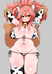 Rule 34 | 1girl, :3, absurdres, animal collar, animal hands, animal print, arapan, arms up, bell, big hair, bikini, breasts, cleft of venus, collar, cow print, elbow gloves, fangs, fangs out, fate/grand order, fate (series), front-tie bikini top, front-tie top, gloves, gluteal fold, grey background, highres, huge breasts, jingle bell, long hair, lowleg, lowleg bikini, navel, neck bell, paw gloves, pink hair, ponytail, side-tie bikini bottom, simple background, single thighhigh, solo, swimsuit, tamamo (fate), tamamo cat (fate), thick eyebrows, thighhighs, yellow eyes