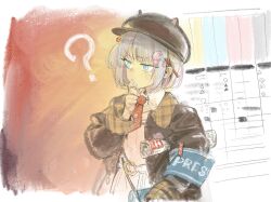 Rule 34 | 1girl, ?, animal ear headwear, armband, belt, blue armband, blue eyes, border, brown coat, brown hat, cabbie hat, carrying, carrying under arm, coat, collared shirt, commentary request, fake animal ears, grey hair, hand on own chin, hat, highres, ikuhana niiro, indie virtual youtuber, long sleeves, looking ahead, necktie, one side up, open clothes, open coat, ouma hami, pencil behind ear, red necktie, rolled up newspaper, shirt, short hair, short necktie, skirt, small sweatdrop, solo, stroking own chin, v-shaped eyebrows, virtual youtuber, white belt, white border, white shirt, white skirt
