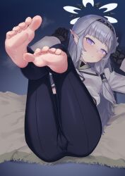 Rule 34 | 1girl, absurdres, ass, barefoot, blue archive, blush, cameltoe, cleft of venus, feet, feet up, hairband, highres, himari (blue archive), kumanomi, long hair, looking at viewer, parted lips, soles, steam, sweat, toes