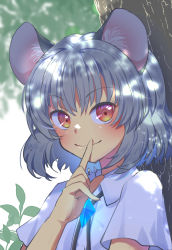 Rule 34 | 1girl, animal ears, blush, bolo tie, closed mouth, collared shirt, commentary request, crystal, dappled sunlight, finger to mouth, flat chest, grey hair, grey vest, highres, jewelry, looking at viewer, mouse ears, mouse girl, nayozane (worker7), nazrin, pendant, red eyes, shirt, short hair, short sleeves, smile, solo, sunlight, touhou, tree, upper body, vest