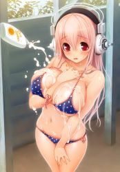 Rule 34 | 1girl, absurdres, bare shoulders, between breasts, bikini, blush, breasts, cleavage, front-tie top, headphones, highres, jewelry, large breasts, long hair, looking at viewer, lotion, navel, necklace, nitroplus, open mouth, pink hair, polka dot, polka dot bikini, polka dot swimsuit, red eyes, scan, sexually suggestive, side-tie bikini bottom, solo, standing, suggestive fluid, sunscreen, super sonico, swimsuit, tsuji santa