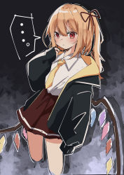 Rule 34 | ..., 1girl, absurdres, black jacket, blonde hair, blouse, blush, brown skirt, collared shirt, contemporary, cropped legs, crystal, expressionless, flandre scarlet, hair between eyes, hair ribbon, highres, jacket, necktie, one side up, red eyes, red ribbon, ribbon, sabatuki, shirt, short hair, skirt, sleeves past wrists, solo, touhou, white shirt, wings, yellow necktie